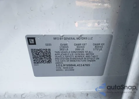 2020 Chevrolet Sonic Fwd Premier из США, поврежденный, VIN 1G1JF5SB4L4114765